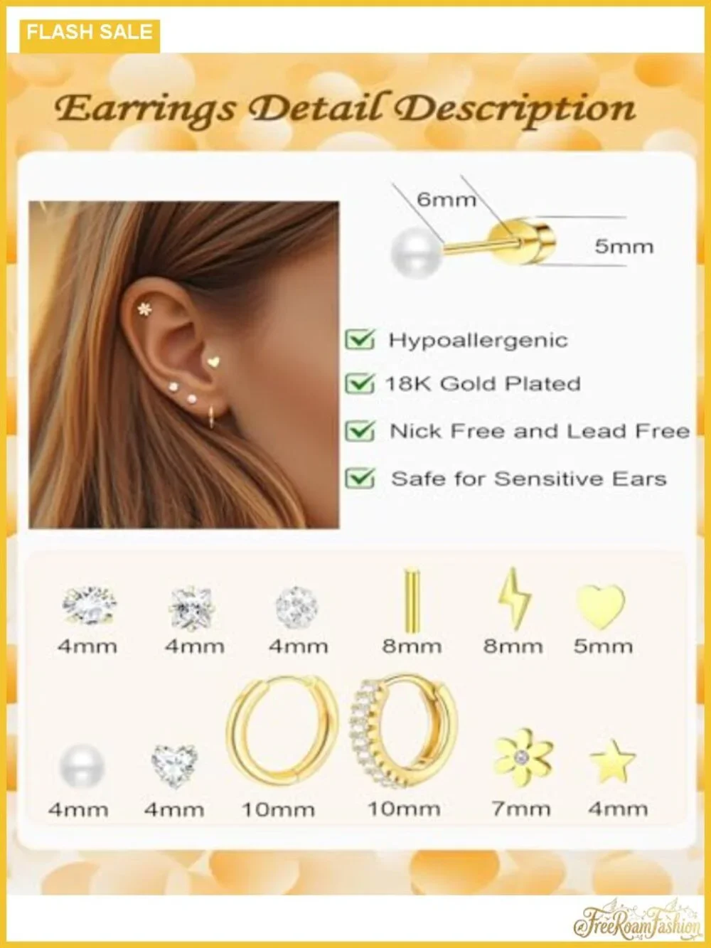 10 Pairs Hypoallergenic Earrings for Sensitive Ears, 18K Gold Plated & Silver
